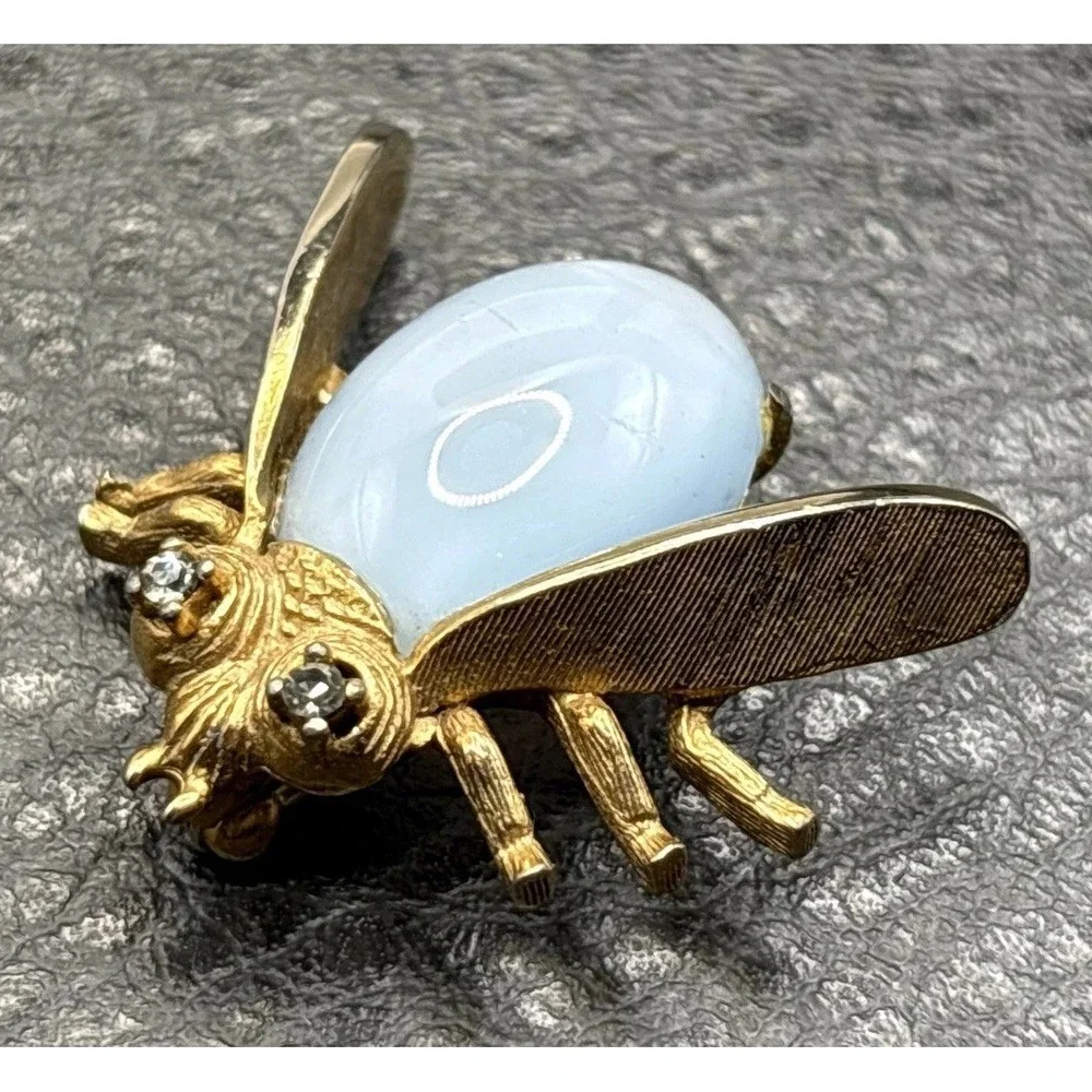 Vintage Jelly Belly Bee Insect Brooch Faux Moonstone Cabochon Crystal Rhinestone